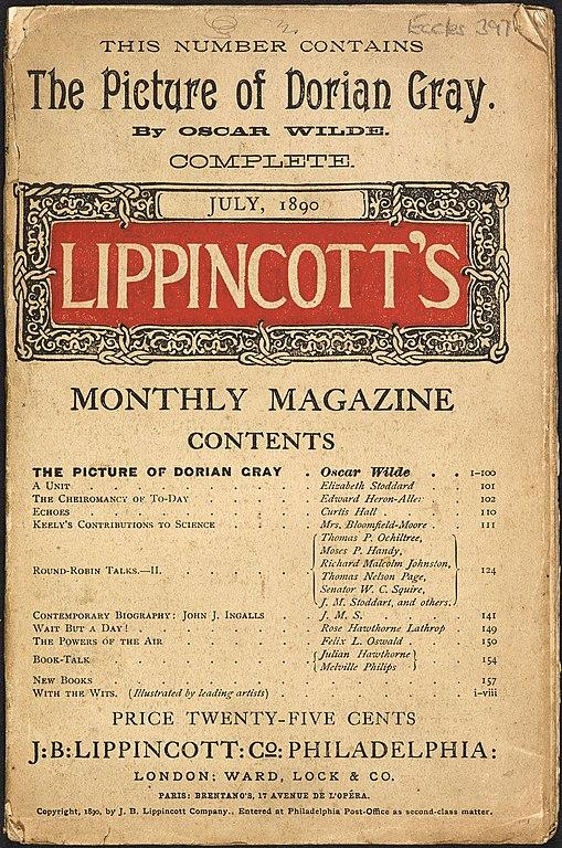 Lippincott's magazine cover, July 1890, headlined 'This number contains The Picture of Dorian Gray by Oscar Wilde'