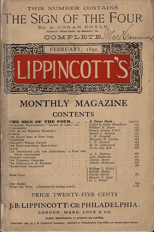 Lippincott's monthly magazine cover for February 1890, headlined 'This number contains The Sign of the Four by A. Conan Doyle'